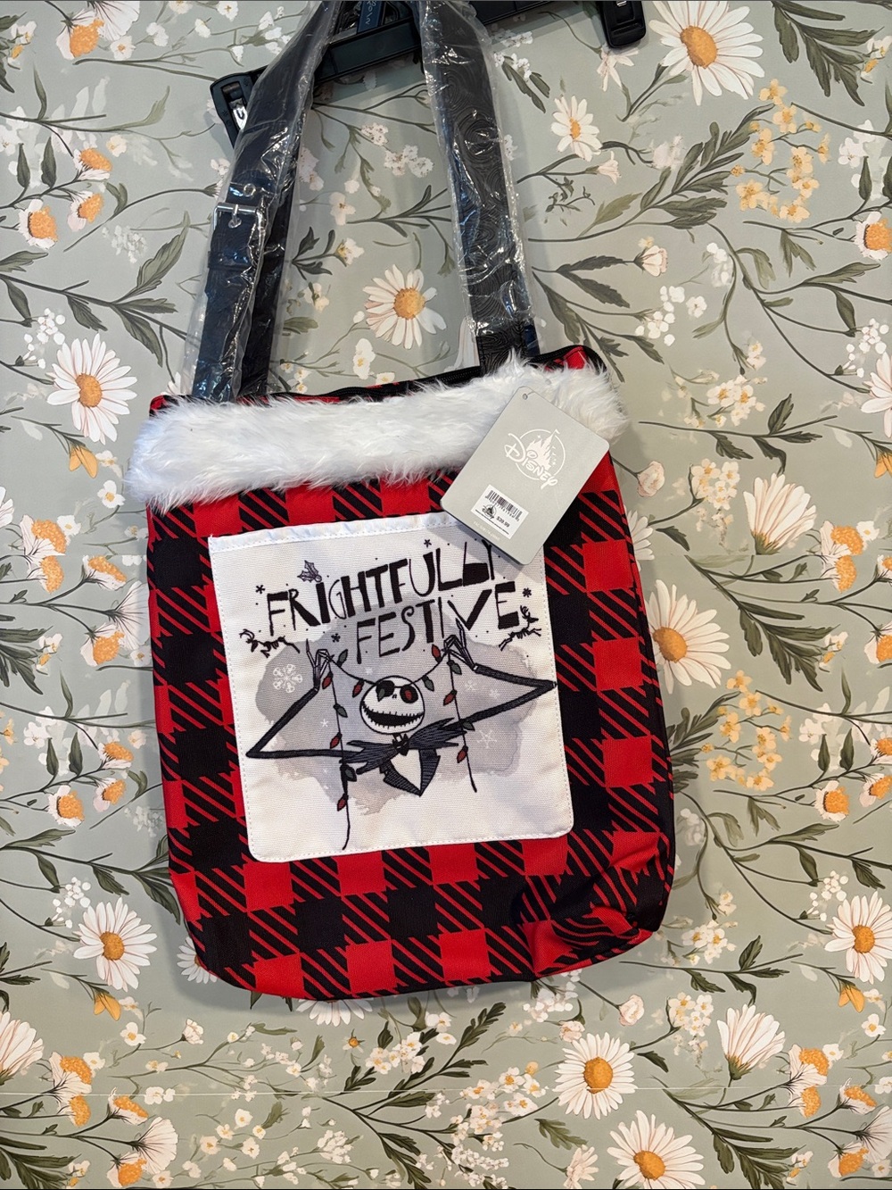 Disney Red and Black Buffalo Plaid Tote with White Faux Fur Trim